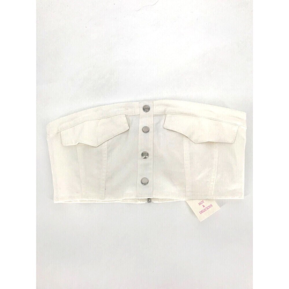 Hot & Delicious Women Corset Style Denim Crop Back Zipper Top‎ Size Large Ivory